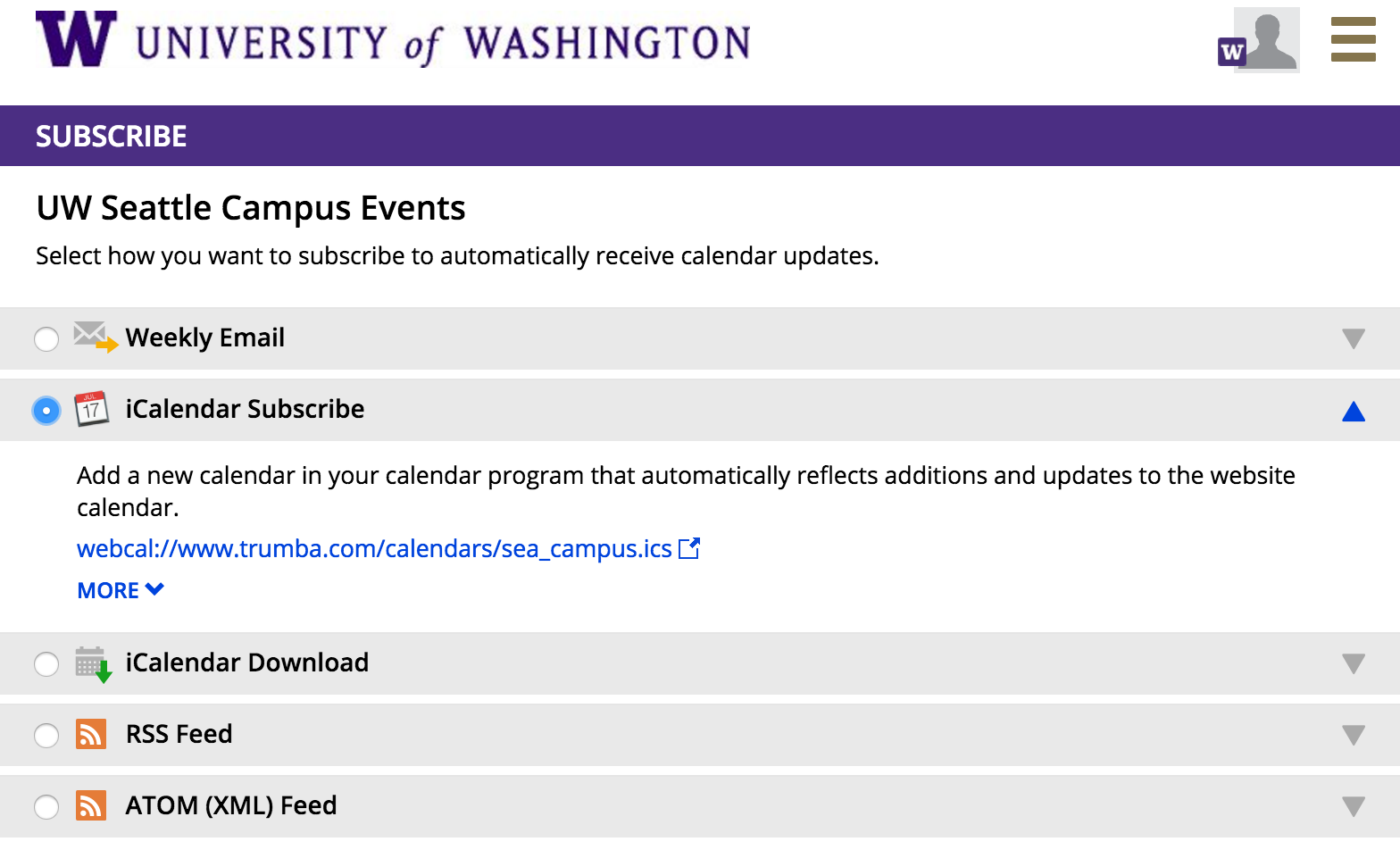 interface for subscribing to the campus calendar