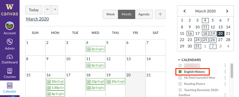 Canvas Calendar, with scheduled class sessions showing