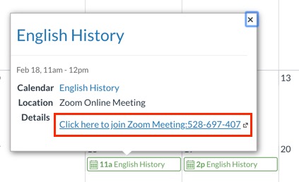 When user clicks calendar event, link appears. This image shows meeting link highlighted in calendar event.