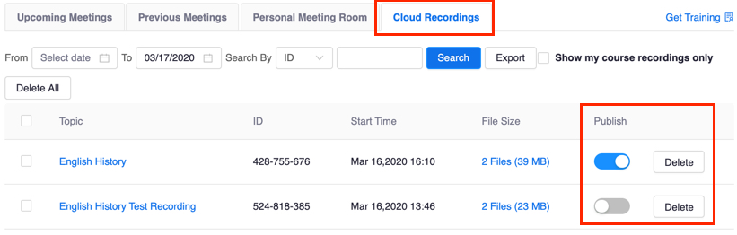 List of recordings on Cloud Recordings tab, with Share and Delete buttons highlighted
