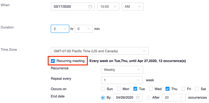 Schedule meeting screen with Recurring meeting checkbox highlighted and selected
