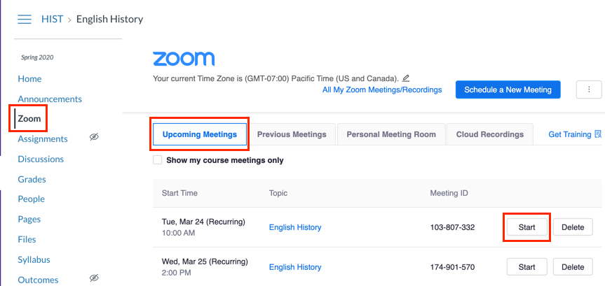 Upcoming Meetings tab with Start button highlighted