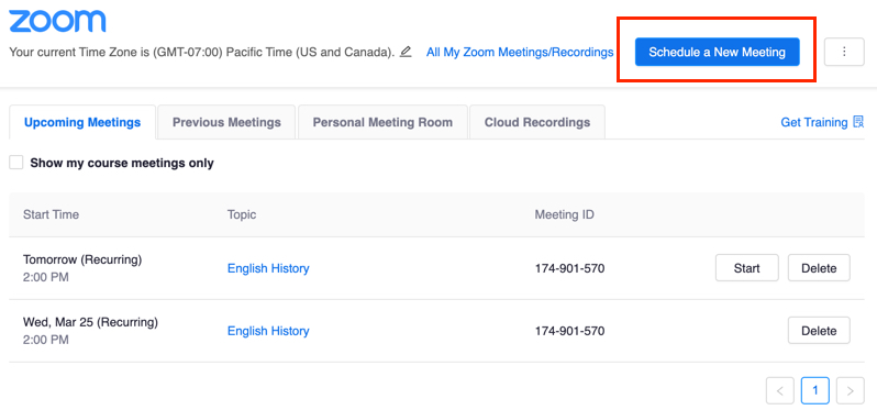 Schedule a New Meeting button highlighted in the Zoom app in Canvas interface