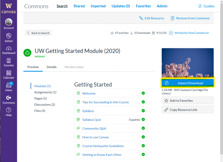 Screencapture of the details of Getting Started Module in Canvas Commons.