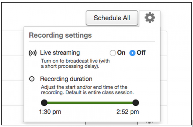 Settings for start and end times of recordings and live streaming