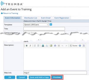 Trumba preview button location
