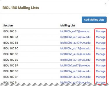 Manage mailing lists screen