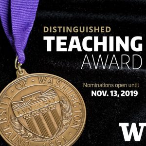 Bronze medal on a ribbon with Distinguished Teaching Award call for submissions by Nov. 13, 2019 in text