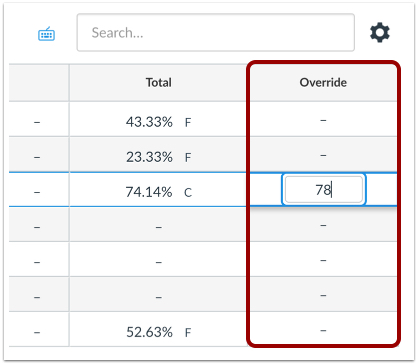 Override column added to far right of New Gradebook, highlighted with red outline