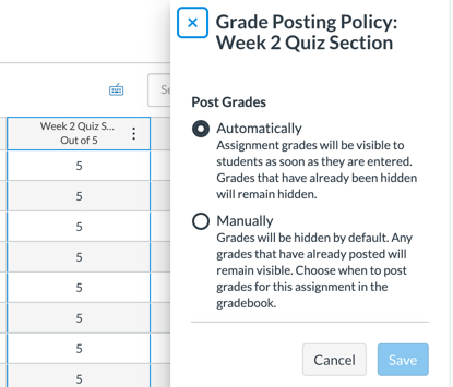 Assignment Grade Posting Policy dialog box