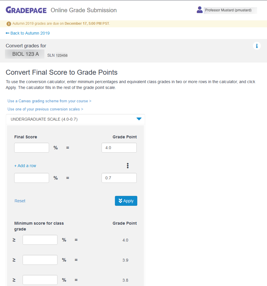 GradePage import user interface