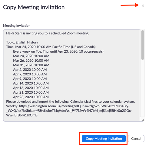 Meeting invitation dialog box