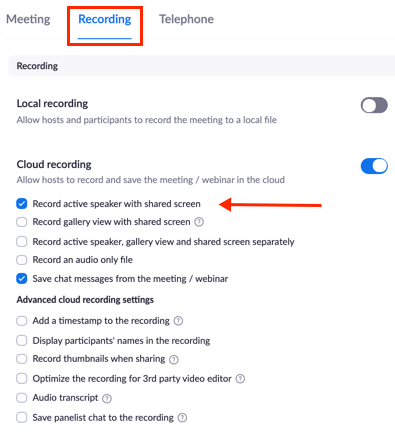 Meeting settings > Recording > Record active speaker view