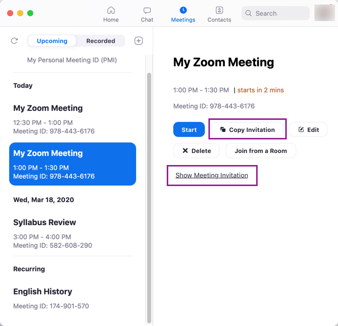 Zoom Meeting Invitation interface with meeting selected, Copy Invitation button and Show Meeting Invitation link highlighted