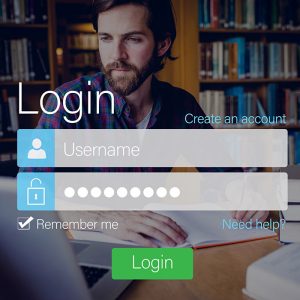 Login screen with man in library and laptop