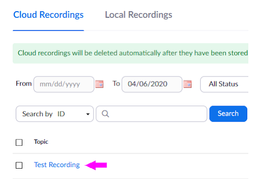 Cloud recordings interface, with recording to download highlighted