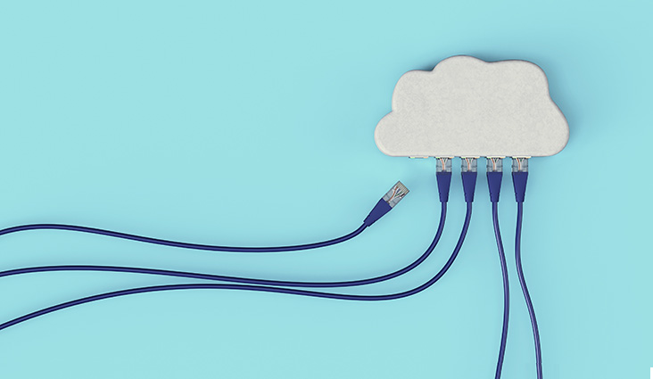 Image of ethernet cords plugging into a cloud.