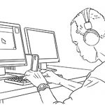 Line drawing of man working at a computer