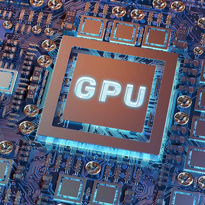 Close-up view of a modern GPU card with circuit and colorful lights