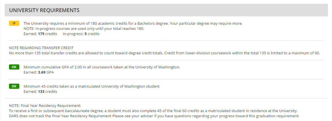 Screenshot of University Requirements in DARS. There are 3 requirements indicating whether you’ve completed or are in progress.