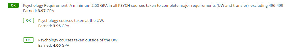 Screenshot of Psychology requirements with a completed requirement and sub-requirement 