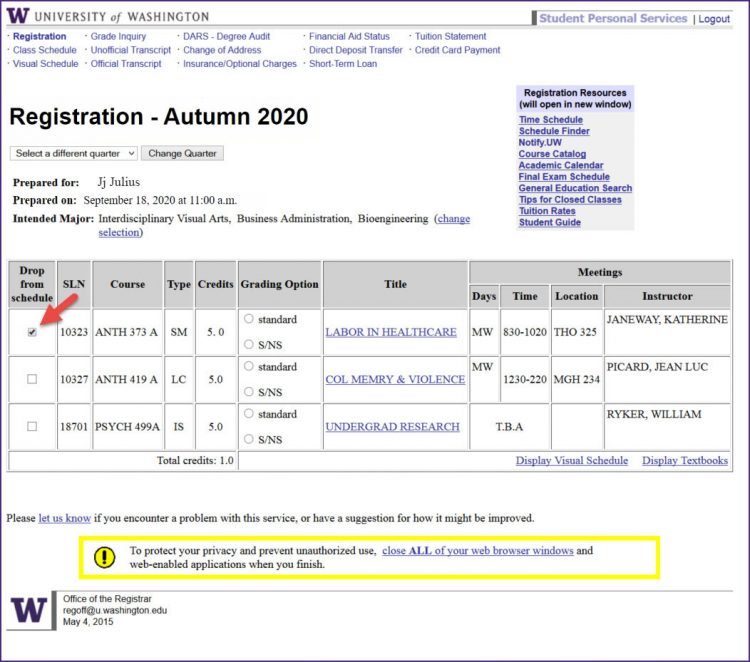 Screenshot of the Registration page. A checkbox is marked on the first row under the header “drop from schedule”