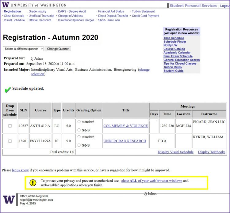 Screenshot of the Registration page with a confirmation “Schedule updated”