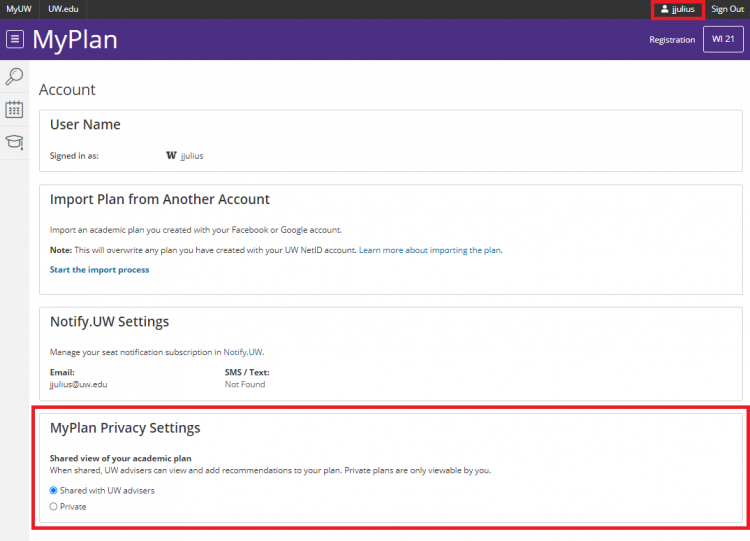 A screenshot of the account setting pages with the MyPlan Privacy Settings section highlighted.