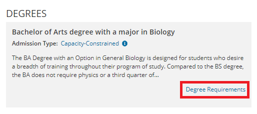 Screenshot of a degree in Biology with the "Degree Requirements" link highlighted.