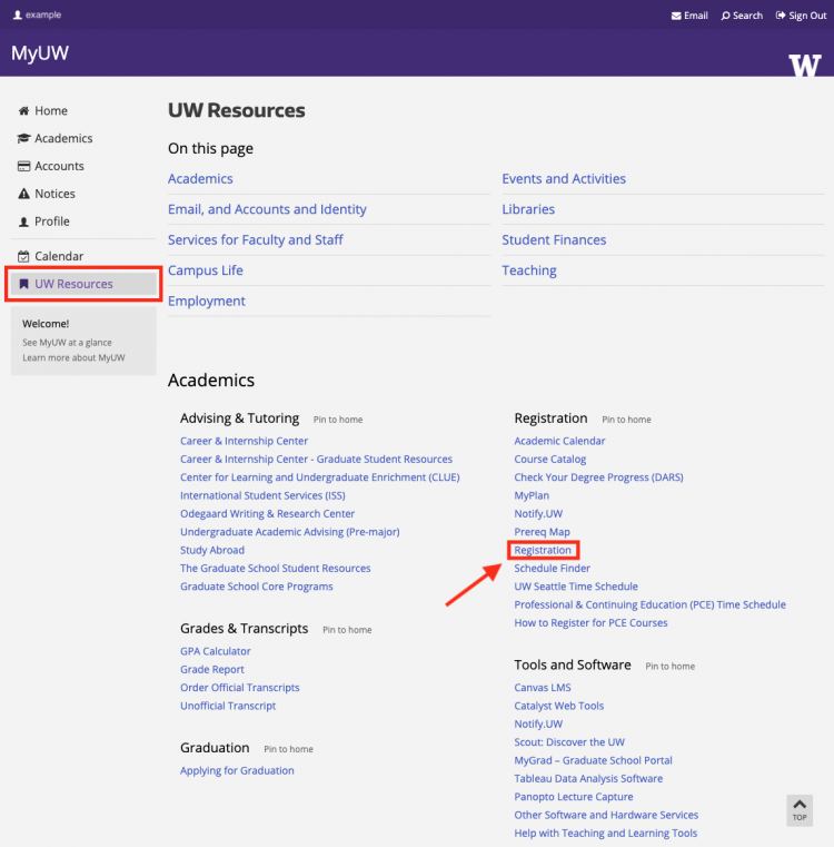 Screenshot of the UW Resources page on MyUW. Highlighted is the registration link. 