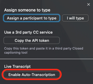 red circle around the Enable Auto-Transcription button
