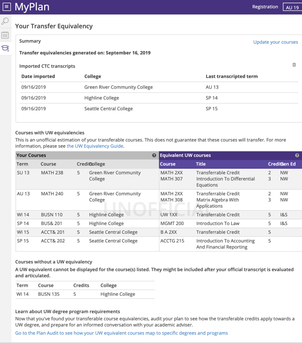 Screenshot of a finished report once transcript data has been imported or manually added.