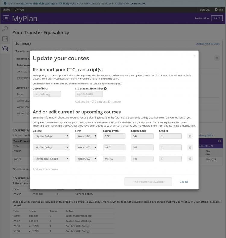 Screenshot of the pop-up modal to update courses, but with the fields as non-interactable. 