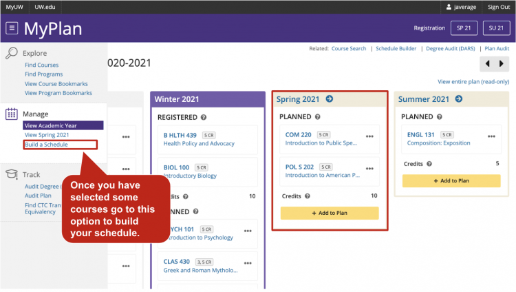 Screenshot of the MyPlan sidebar navigation highlighting the “Build a Schedule” link.