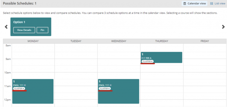 Screenshot of the Schedule Builder calendar blocks with option 1 indicating it’s a cluster.