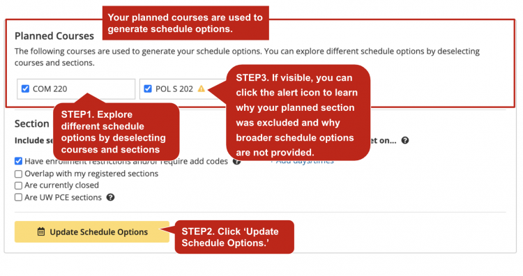 An alert icon will appear beside the planned courses if there are any issues. Select this button and a tooltip will appear about why your planned section was excluded.