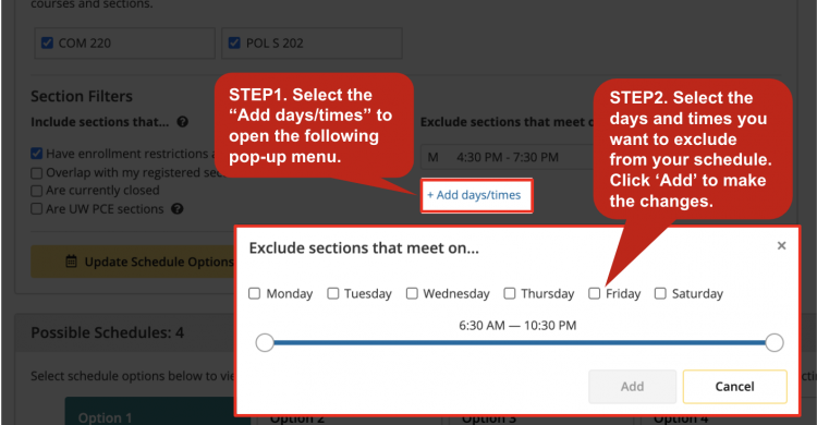 Screenshot of the pop-up menu showing different day and time options for sections to exclude.