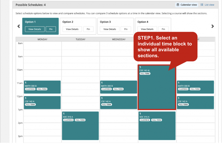 Screenshot of the courses in schedule blocks that can be clicked to show all available sections.