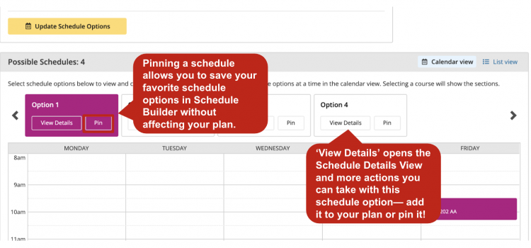 Screenshot of the different option cards in which you can pin to save your schedule or view more details about the option.