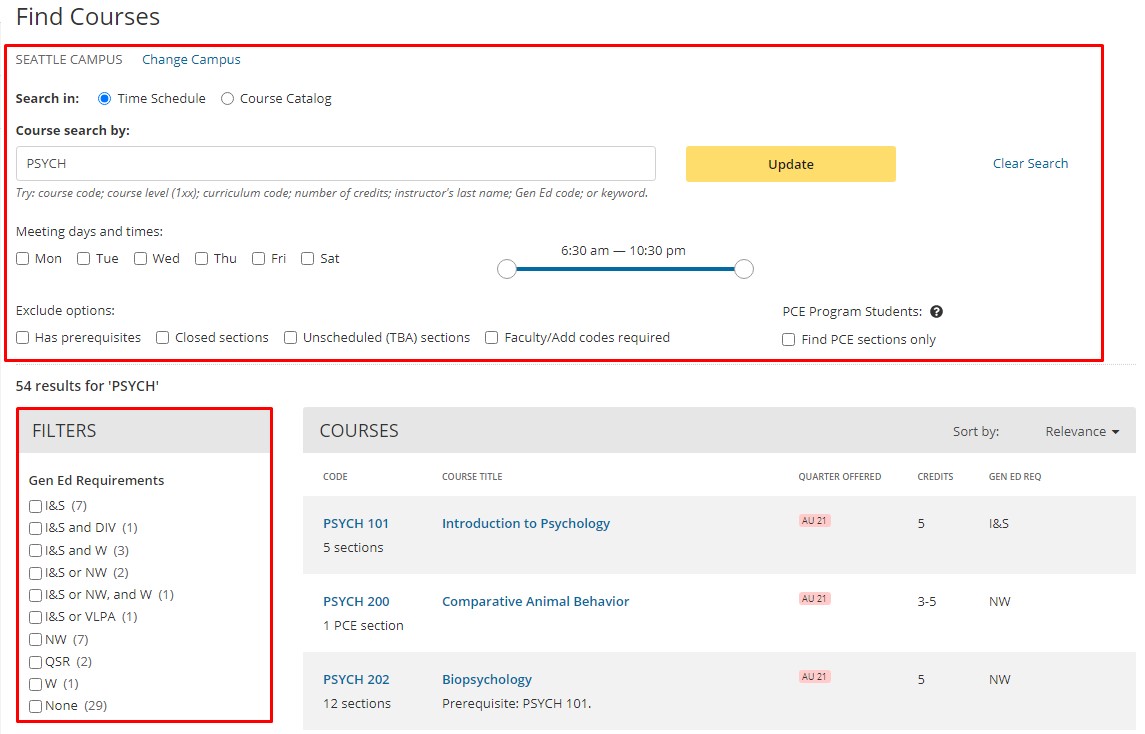 Screenshot of Find Courses page on MyPlan.