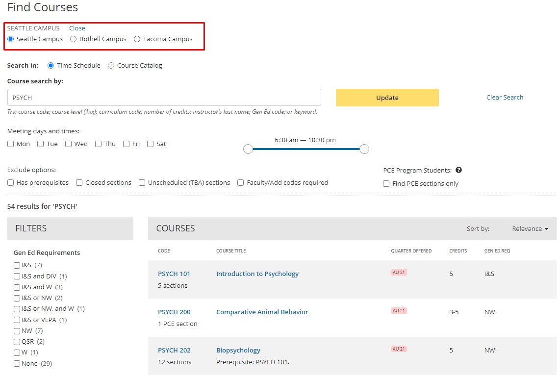 Screenshot of the Find Courses page with the select campus option highlighted near the top of the page.