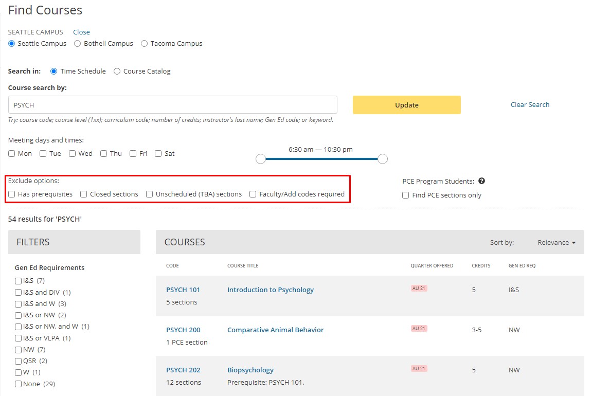 Screenshot of the Find Courses page with the exclude options filter highlighted.