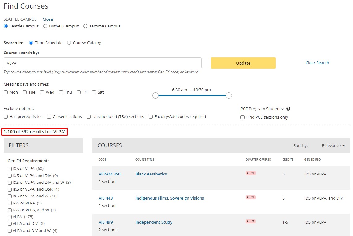 Number of courses that meet search criteria is located on the left side above the filters sidebar.