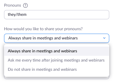 Image of user interface where you can choose how to share your pronouns