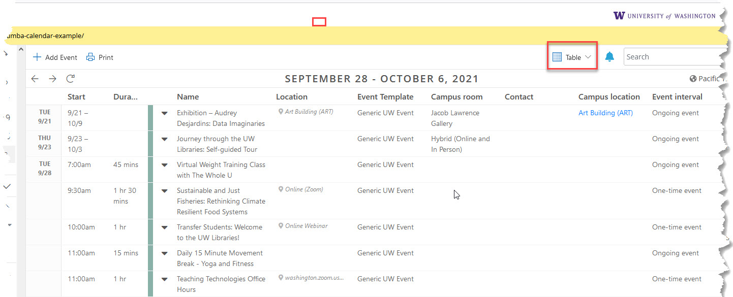 events displayed in a table