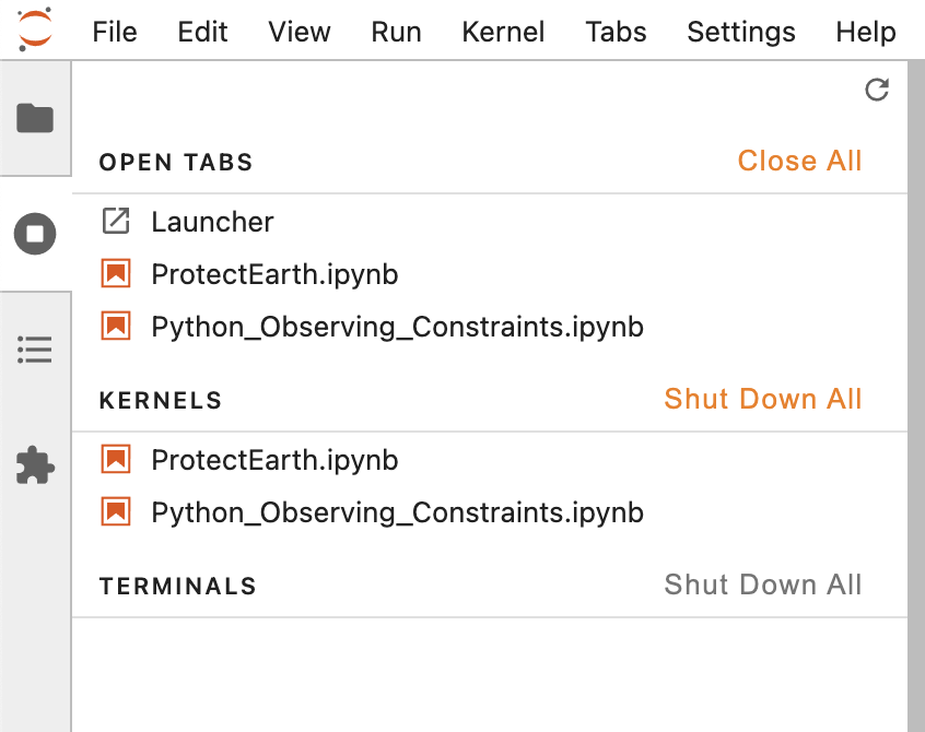Jupyter Notebook - active tabs and kernels pane