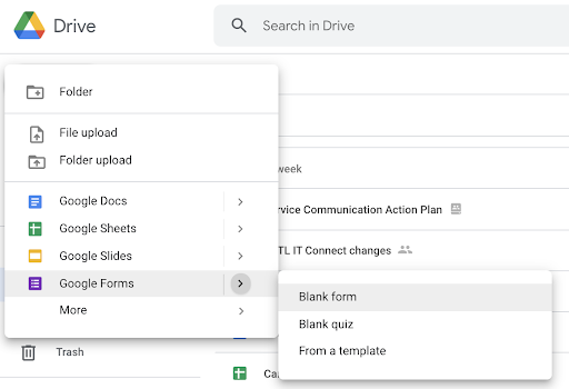 Drop down Google Drive menu, showing Google Forms and Blank form highlighted
