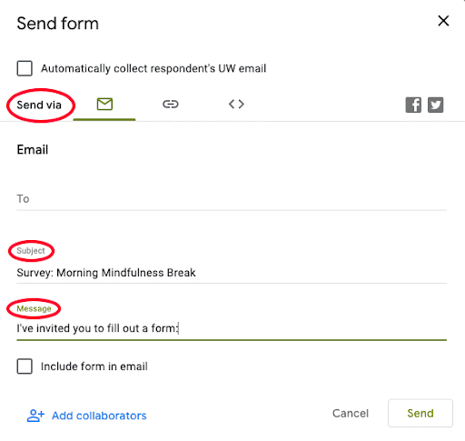 Send form interface, with Send via email highlighted. 