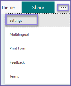 Three horizontal dots to the right of Share button, with Settings menu option highlighted