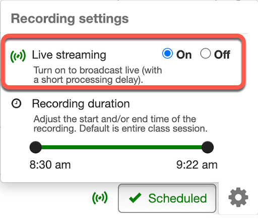 Live stream settings in Panopto interface